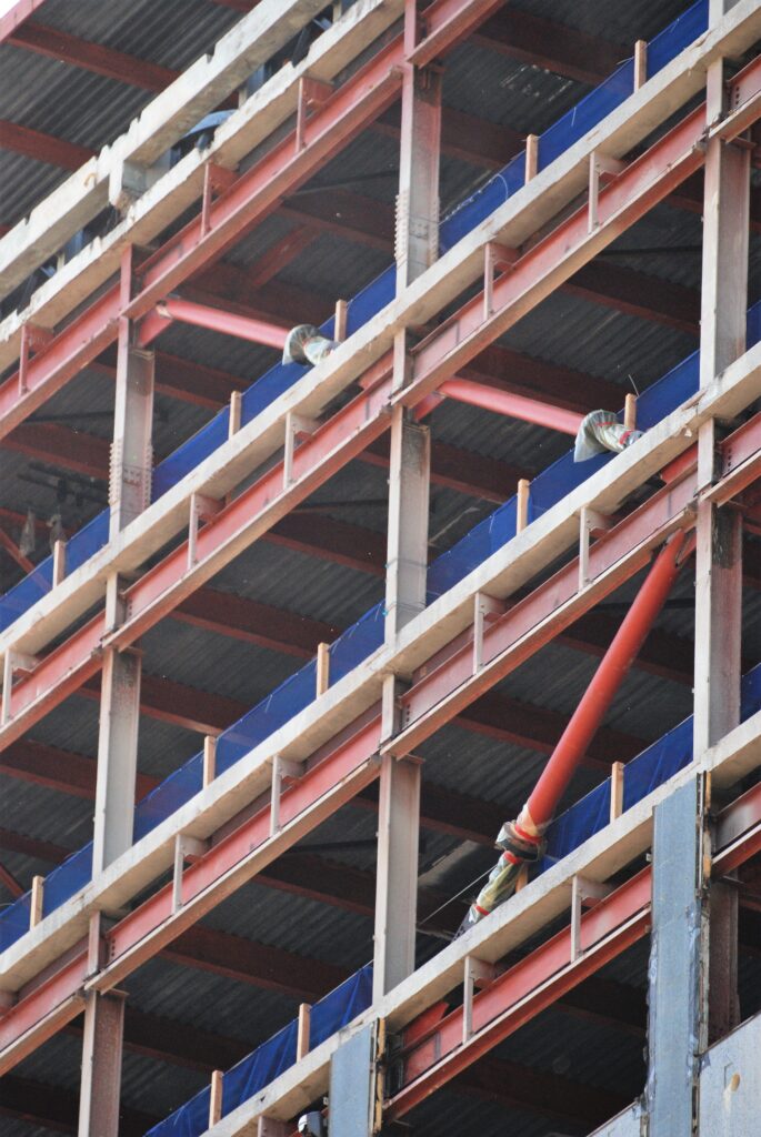 Exterior shot of open DGS Resource building still under construction with dampers running up the side of the building