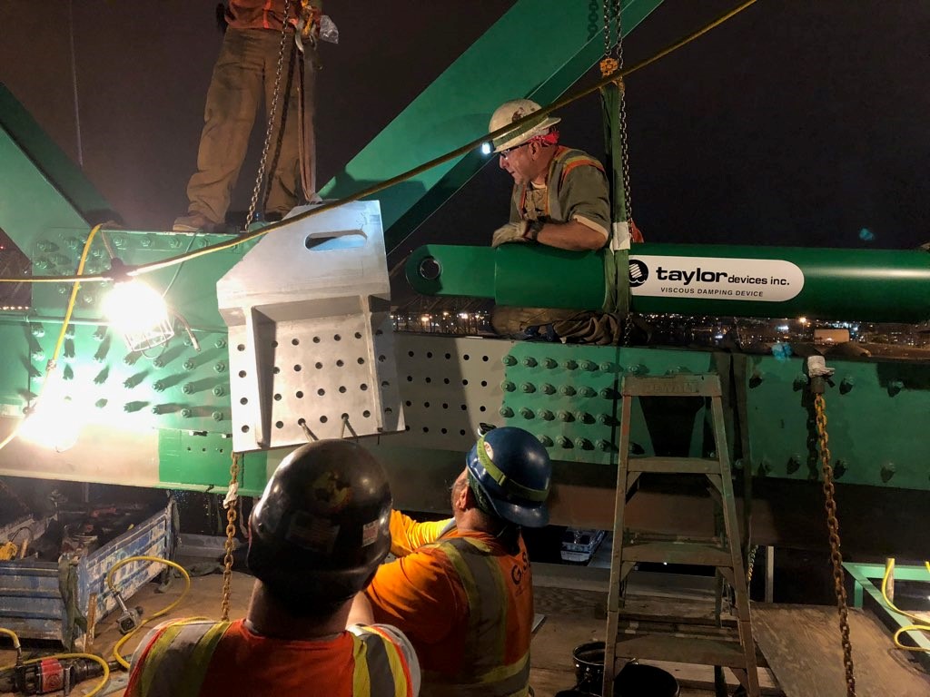 Crew installing Taylor dampers on the Vincent Thomas Bridge